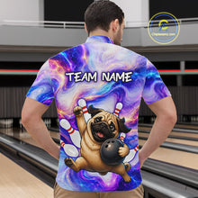 Load image into Gallery viewer, Person wearing a colorful shirt with a pug graphic and 'TEAM NAME' text in a bowling alley.