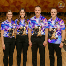 Load image into Gallery viewer, Four people wearing matching colorful shirts with pug graphics on a bowling alley.
