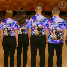 Load image into Gallery viewer, Four people wearing bowling shirts with pug graphics and 'Team Name' text on a bowling alley.