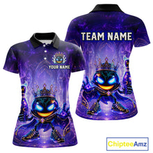 Load image into Gallery viewer, Purple polo shirt with a cartoon character and customizable text on a white background