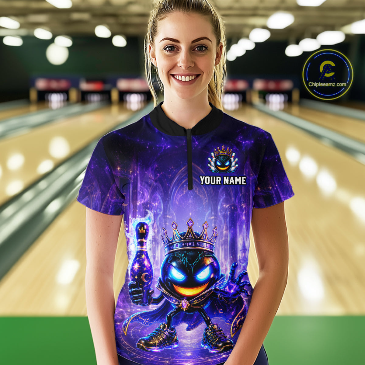Person wearing a purple bowling shirt with a design and 'Your Name' text in a bowling alley.