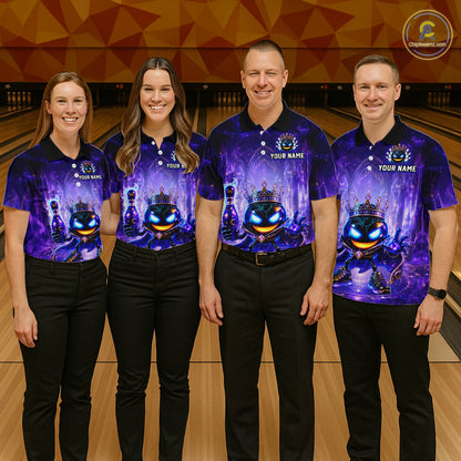 Four people wearing matching purple bowling shirts with a logo on a bowling alley background.