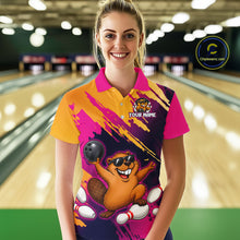 Load image into Gallery viewer, Person wearing a colorful bowling shirt with a cartoon character in a bowling alley.