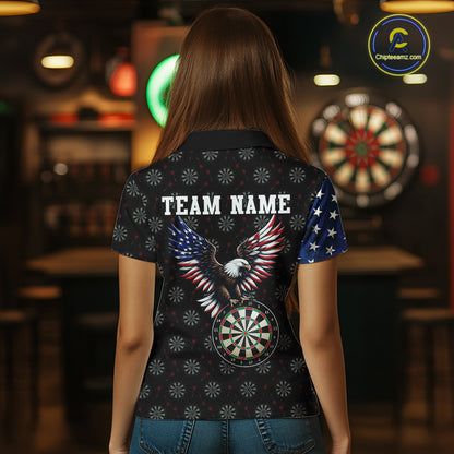 Back view of a female model showing off a patriotic darts shirt, featuring a striking bald eagle and dartboard graphic along with a customizable team name.