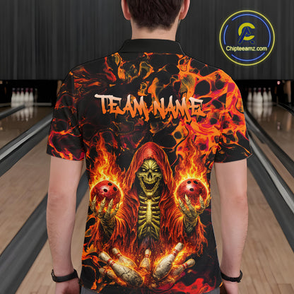 Custom Flame Skeleton Bowling Shirt for Men Bowling Jersey Polo & Quarter-Zip Bowling Outfit QZT1011