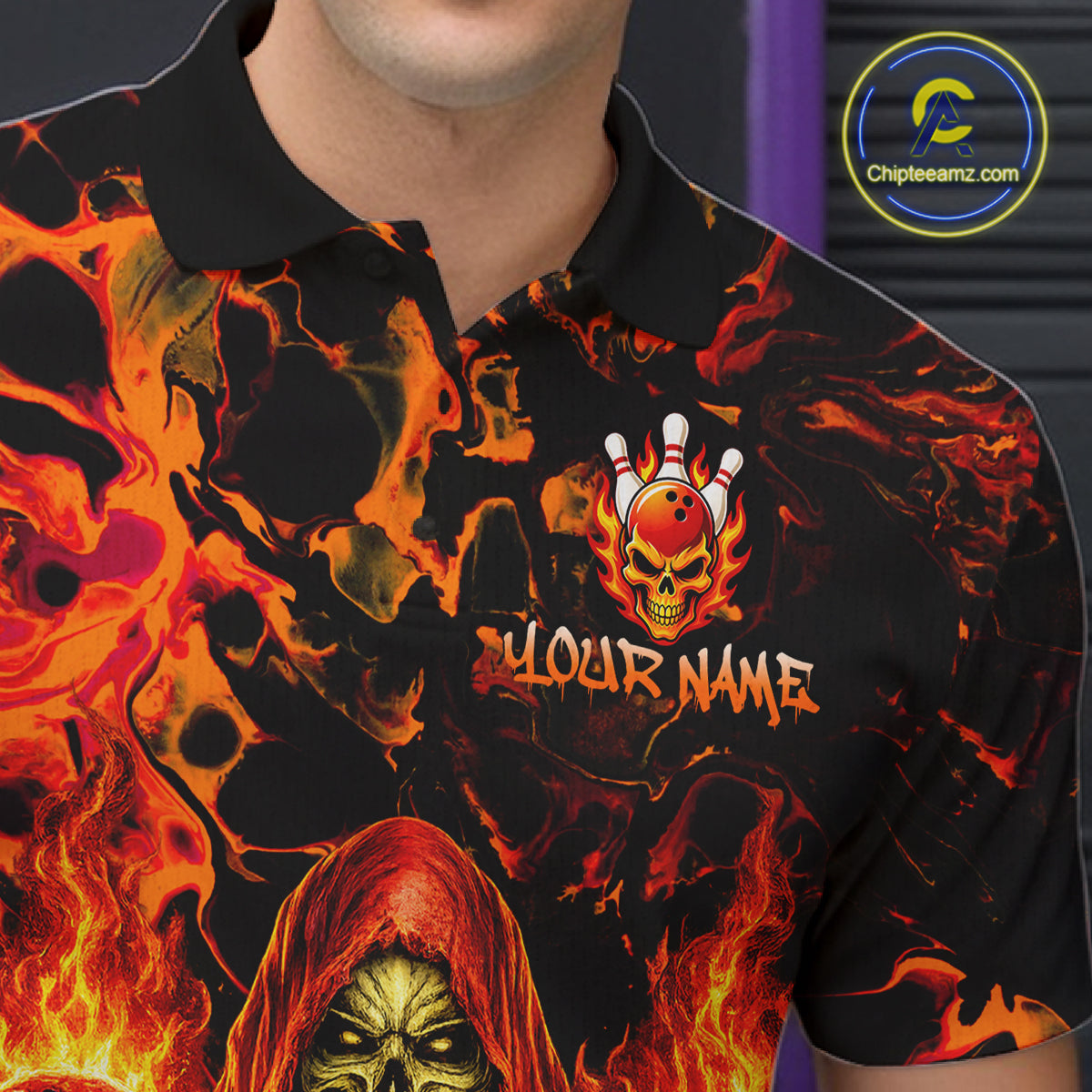 Custom Flame Skeleton Bowling Shirt for Men Bowling Jersey Polo & Quarter-Zip Bowling Outfit QZT1011