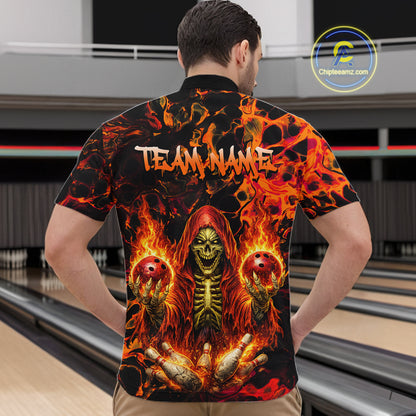 Custom Flame Skeleton Bowling Shirt for Men Bowling Jersey Polo & Quarter-Zip Bowling Outfit QZT1011