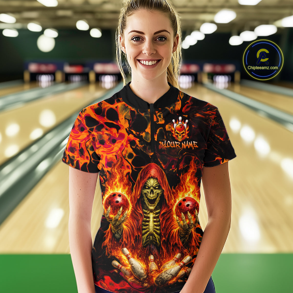 Custom Flame Skeleton Bowling Shirt for Women Bowling Jersey Polo & 1/4-Zip Bowling Outfit QZT1011