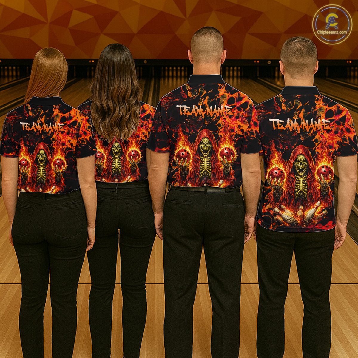 Custom Flame Skeleton Bowling Shirt for Men Bowling Jersey Polo & Quarter-Zip Bowling Outfit QZT1011