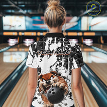 Load image into Gallery viewer, Person wearing a bowling shirt with a dog graphic and 'Team Name' text in a bowling alley.