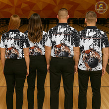Load image into Gallery viewer, Four people wearing matching bowling shirts with a bulldog and bowling ball design on a bowling alley.