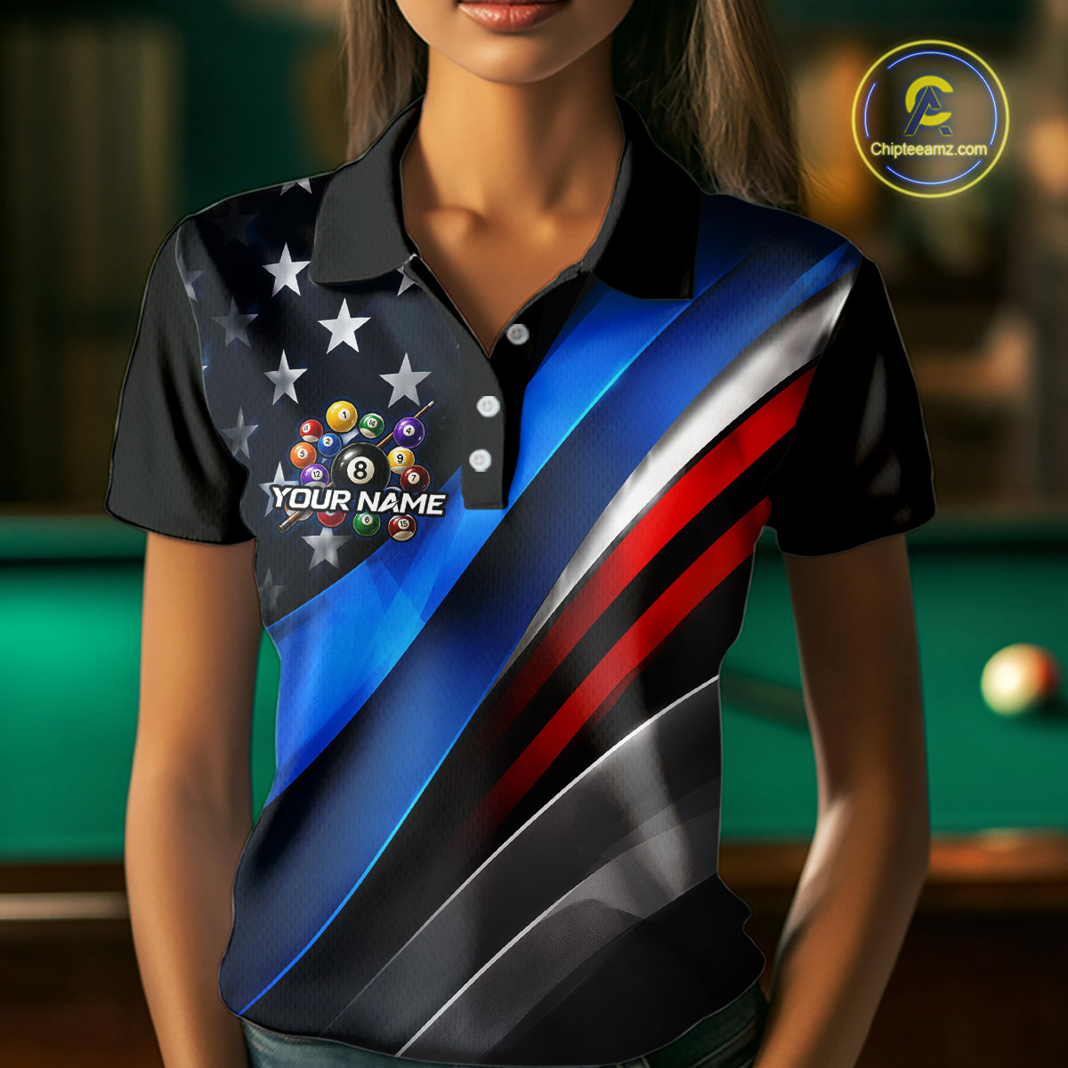 A woman wearing a custom short-sleeve polo shirt with a black, blue, red, and white diagonal stripe design, featuring a billiards-themed graphic on the left chest with the text 'YOUR NAME'. The background shows a blurred green pool table.