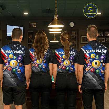 Four people standing with their backs to the camera in a dimly lit indoor room, wearing matching dark blue and black custom racing-style jerseys with billiard ball graphics and 'TEAM NAME' printed across the back.