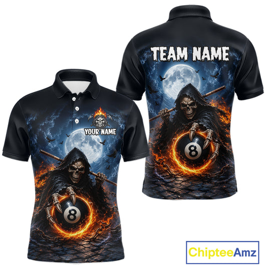 Customizable black short-sleeve polo shirt shown from front and back, featuring a grim reaper holding an 8-ball with flames and a full moon graphic, with placeholder text 'TEAM NAME' and 'YOUR NAME'.