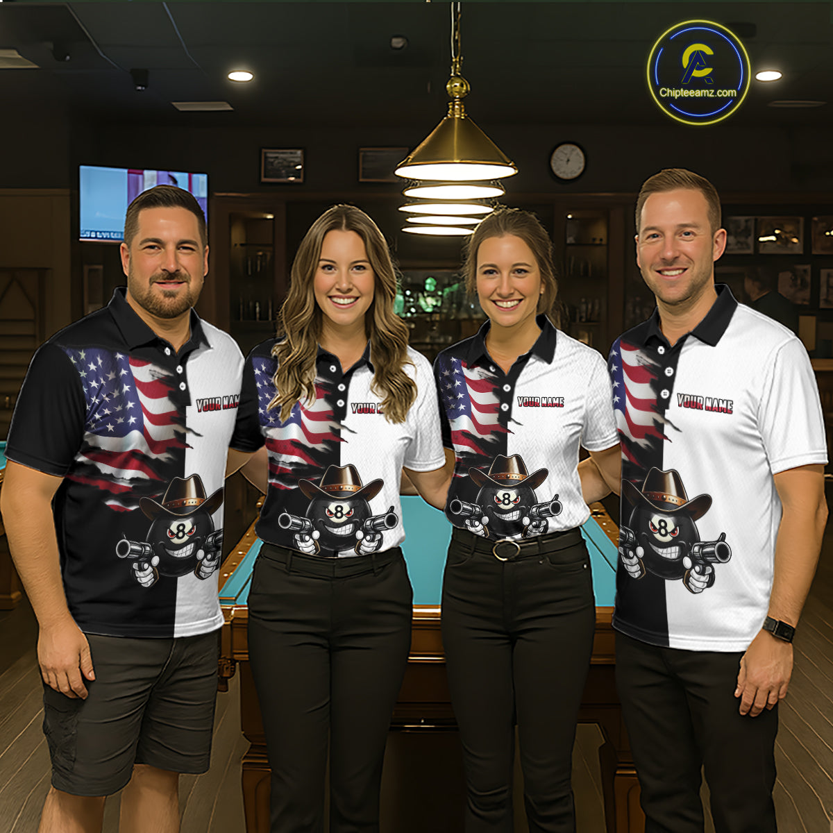 Custom American Flag Funny 8 Ball Billiard Shirts for Men Billiard League Jersey Pool Shirts BHT11