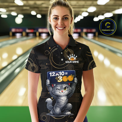 Custom Funny Cat Bowling Math Shirt Polo & 1/4-Zip Bowling League Jersey Bowling Outfit for Women QZT927