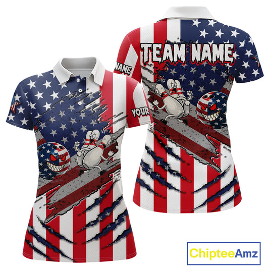 Custom American Flag Bowling Shirt Funny Blue Red White Bowling Jersey for Women Polo & Quarter-Zip QZT929
