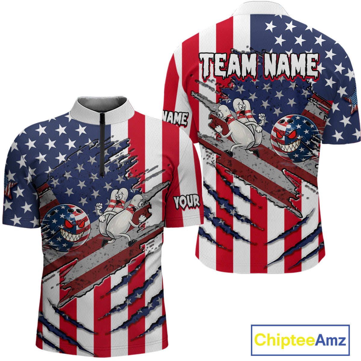 Custom American Flag Bowling Shirt Funny Blue Red White Bowling Jersey for Men Polo & Quarter-Zip QZT929