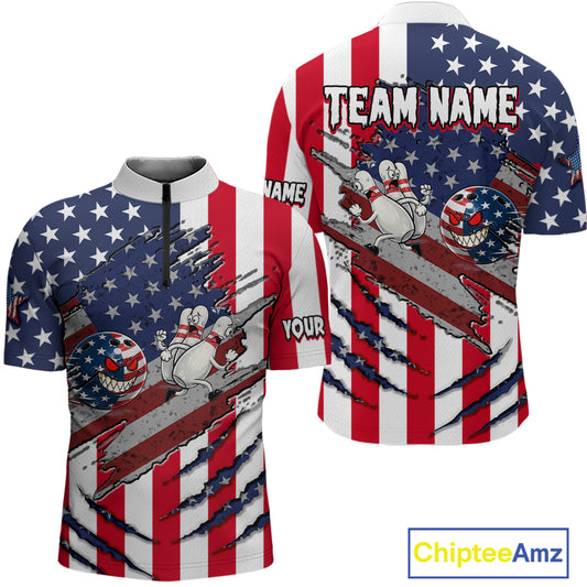 Custom American Flag Bowling Shirt Funny Blue Red White Bowling Jersey for Men Polo & Quarter-Zip QZT929