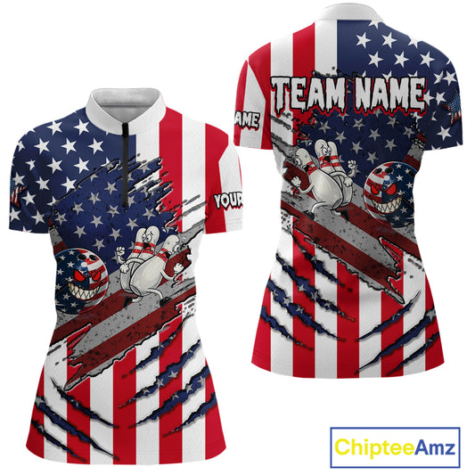 Custom American Flag Bowling Shirt Funny Blue Red White Bowling Jersey for Women Polo & Quarter-Zip QZT929