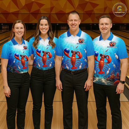 Four people wearing matching blue bowling shirts with lobster graphics on a bowling alley.