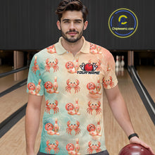 Load image into Gallery viewer, Man wearing a shirt with a crabs and bowling design in a bowling alley.