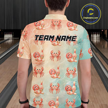 Load image into Gallery viewer, Person wearing a colorful shirt with crab and bowling pin patterns in a bowling alley.