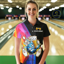 Load image into Gallery viewer, Person wearing a colorful bowling-themed shirt with a black shirt underneath in a bowling alley.