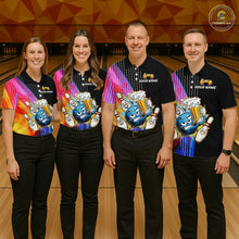 Load image into Gallery viewer, Four people wearing colorful bowling shirts with a bowling-themed design on a bowling alley.