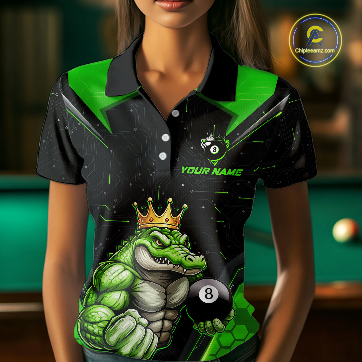 Funny Green Crocodile Billiard Team Shirt for Women Custom 8 Ball Pool Billiard Jersey Polo & 1/4-Zip BHT18