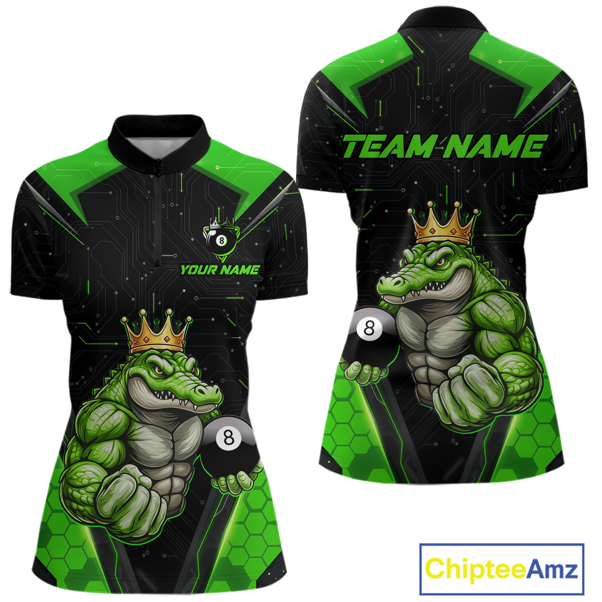 Funny Green Crocodile Billiard Team Shirt for Women Custom 8 Ball Pool Billiard Jersey Polo & 1/4-Zip BHT18