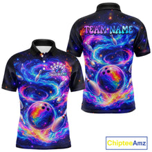 Load image into Gallery viewer, Colorful bowling-themed polo shirt with 'Team Name' and 'Your Name' text on a white background.