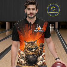 Load image into Gallery viewer, Man wearing a bowling-themed shirt with a cat design in a bowling alley.