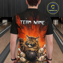 Load image into Gallery viewer, Person wearing a black bowling shirt with a cat design and 'Team Name' text in a bowling alley.