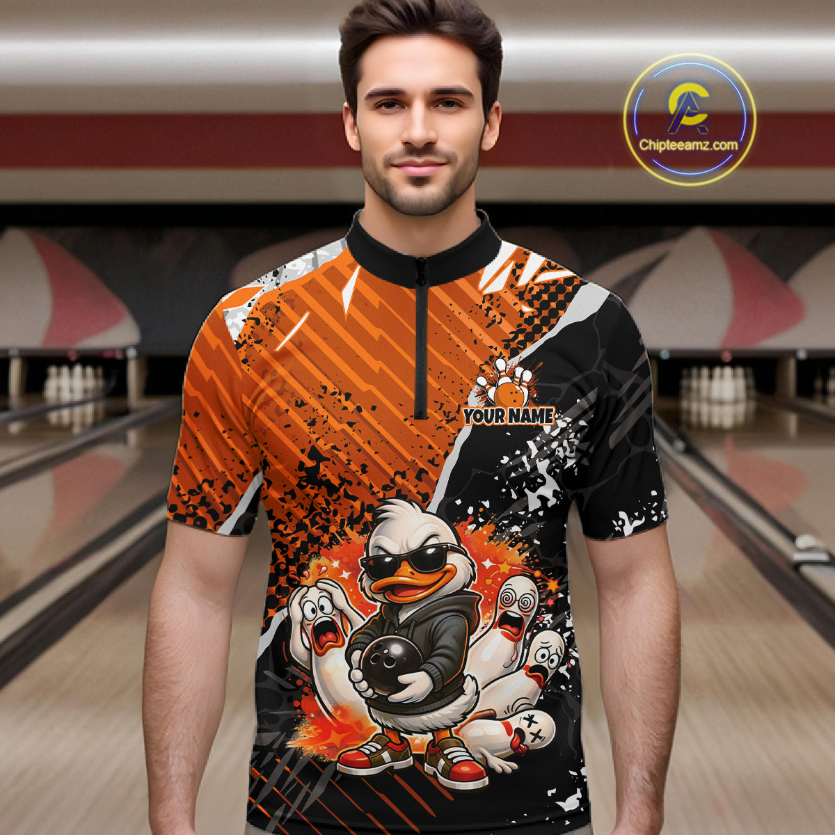 Custom Orange Funny Duck Bowling Team Shirt for Men Bowling League Jersey Polo & Quarter-Zip QZT895