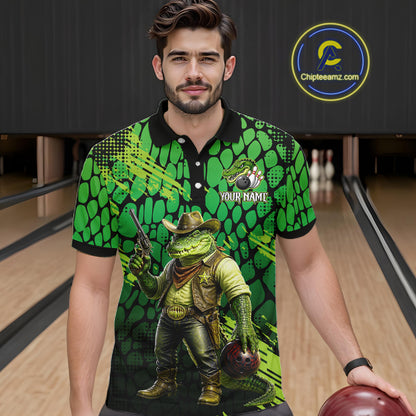 Funny Green Cowboy Alliagator Bowling Shirt for Men Custom Bowling Team Jersey Polo & 1/4-Zip Bowling Outfit QZT1012