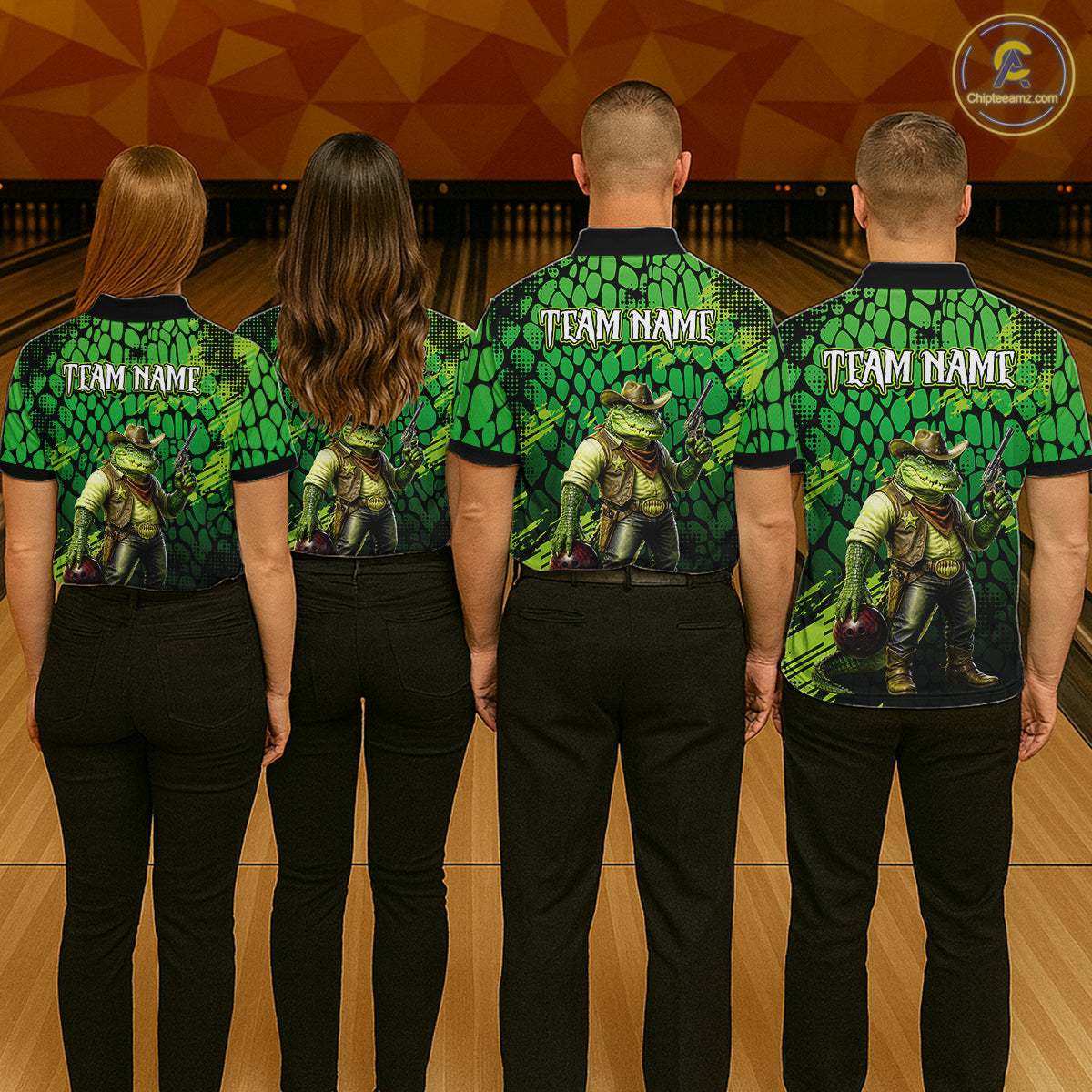 Funny Green Cowboy Alliagator Bowling Shirt for Men Custom Bowling Team Jersey Polo & 1/4-Zip Bowling Outfit QZT1012