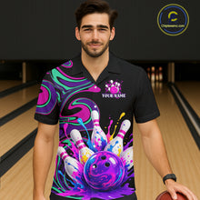 Load image into Gallery viewer, Man wearing a colorful bowling-themed shirt with a bowling alley in the background