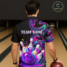 Load image into Gallery viewer, Person wearing a colorful bowling shirt with 'TEAM NAME' text in a bowling alley.