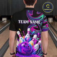 Load image into Gallery viewer, Person wearing a colorful bowling-themed shirt with 'TEAM NAME' text in a bowling alley.