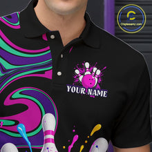 Load image into Gallery viewer, Black polo shirt with a colorful bowling design and 'Your Name' text, brand logo visible.