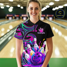 Load image into Gallery viewer, Person wearing a colorful bowling shirt with a design of a bowling ball and pins in a bowling alley.