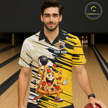 Load image into Gallery viewer, Man wearing a bowling shirt with a pizza design in a bowling alley.