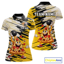 Load image into Gallery viewer, Colorful bowling shirt with pizza design and customizable text on a white background