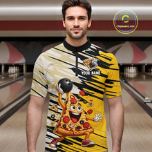 Load image into Gallery viewer, Man wearing a colorful bowling shirt with a cartoon pizza design in a bowling alley.