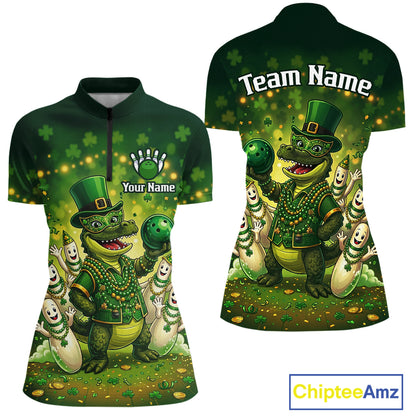 Custom Green Funny Alligator Bowling Shirt Samrock Pattern Bowling St. Patrick's Day for Women QZT935