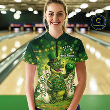 Load image into Gallery viewer, Custom Green Funny Alligator Bowling Shirt Samrock Pattern Bowling St. Patrick's Day for Women QZT935