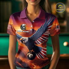 Load image into Gallery viewer, Person wearing a colorful polo shirt with an eagle and 8-ball design, set against a pool table background.