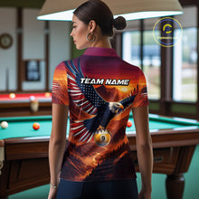 Load image into Gallery viewer, Woman wearing a sports jersey with an eagle and American flag design in a pool hall.