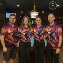 Load image into Gallery viewer, Four people wearing matching sunset eagle billiard shirts in a pool hall.